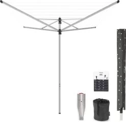 Brabantia Lift-O-Matic Droogmolen - Met Metalen Grondanker, Beschermhoes, Wasknijpertasje En Wasknijpers - 40 M - Metallic Grey