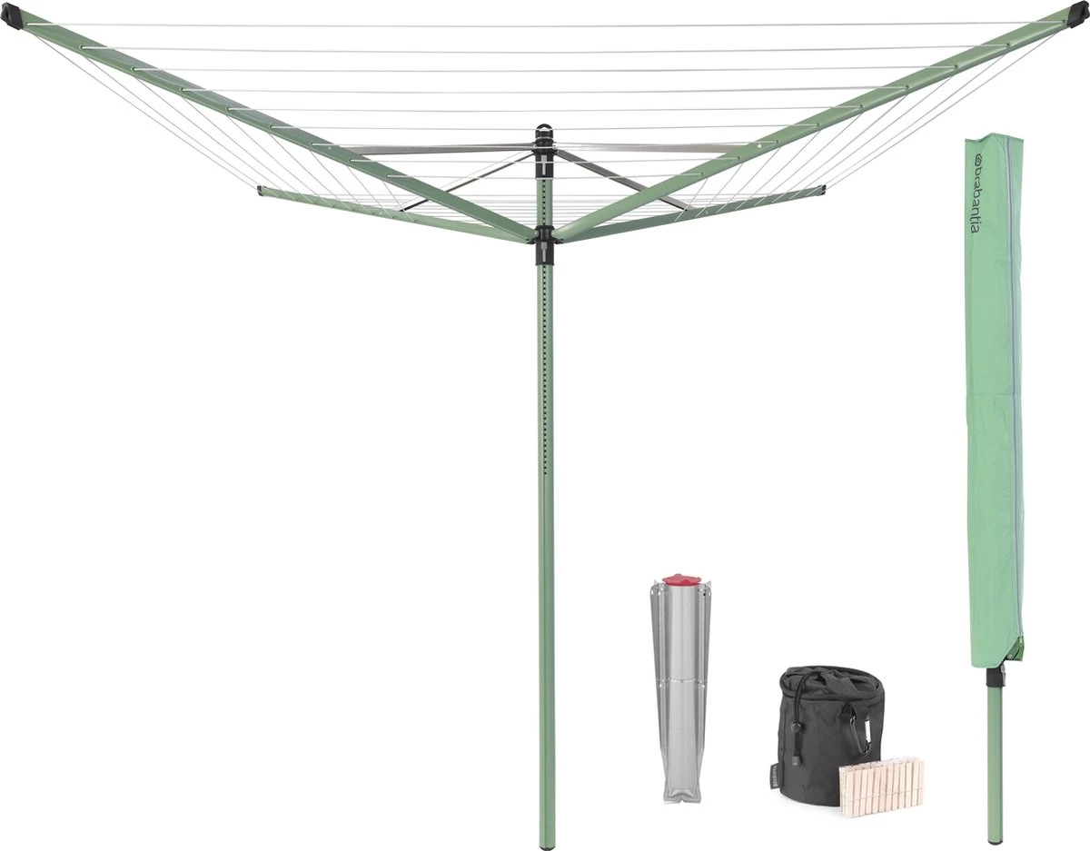 Brabantia Lift-O-Matic Droogmolen Met Metalen Grondanker, Beschermhoes, Wasknijpertasje En Wasknijpers - 50 M - Leaf Green 3 Brabantia Lift-O-Matic Droogmolen Met Metalen Grondanker, Beschermhoes, Wasknijpertasje En Wasknijpers - 50 M - Leaf Green